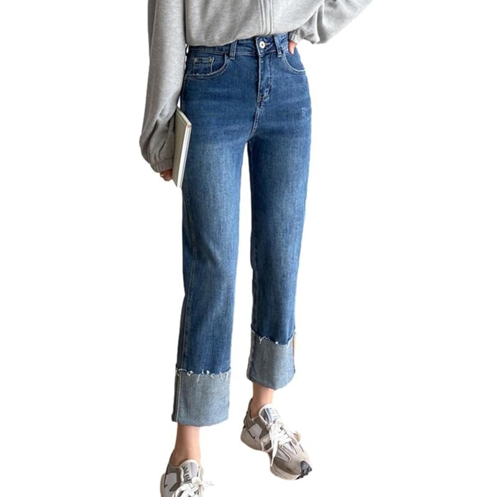 NCDIMS Women's Cuff High Waist Stretch Straight Leg Jeans